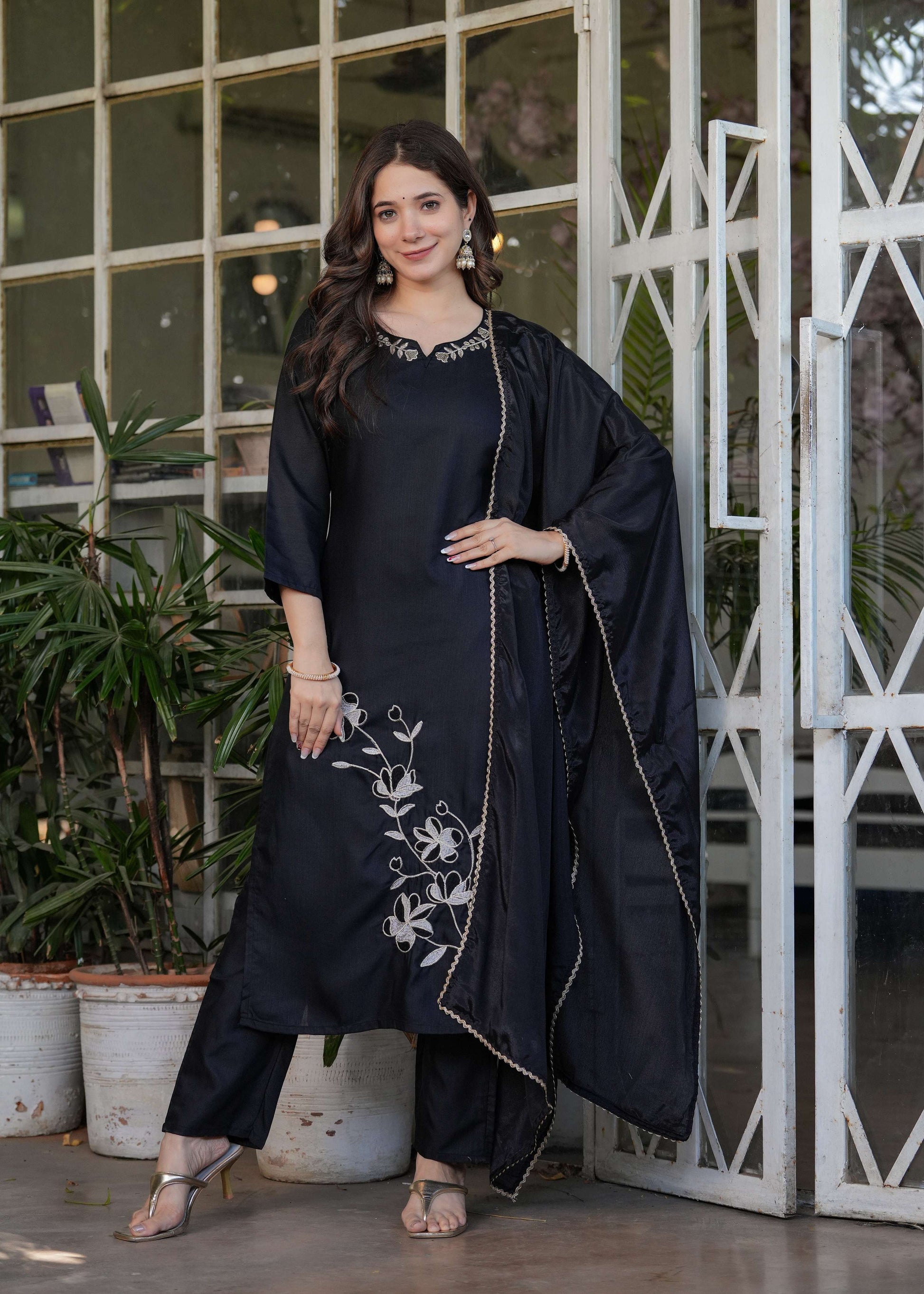Teeya Creation Black Color Viscose Rayon Embroidery Work Fully Stitched Kurti Set