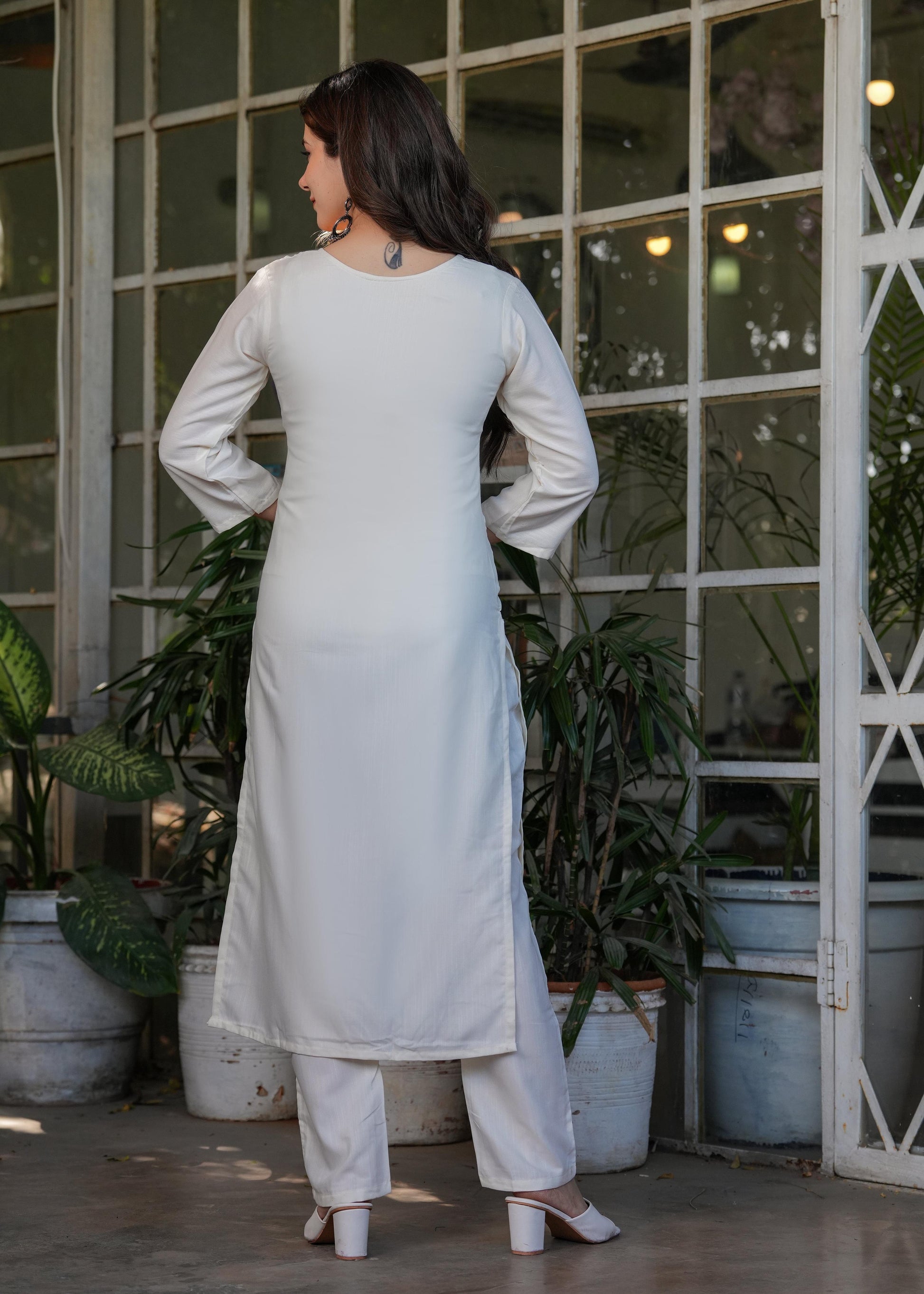Teeya Creation White Color Viscose Rayon Embroidery Work Fully Stitched Kurti Set