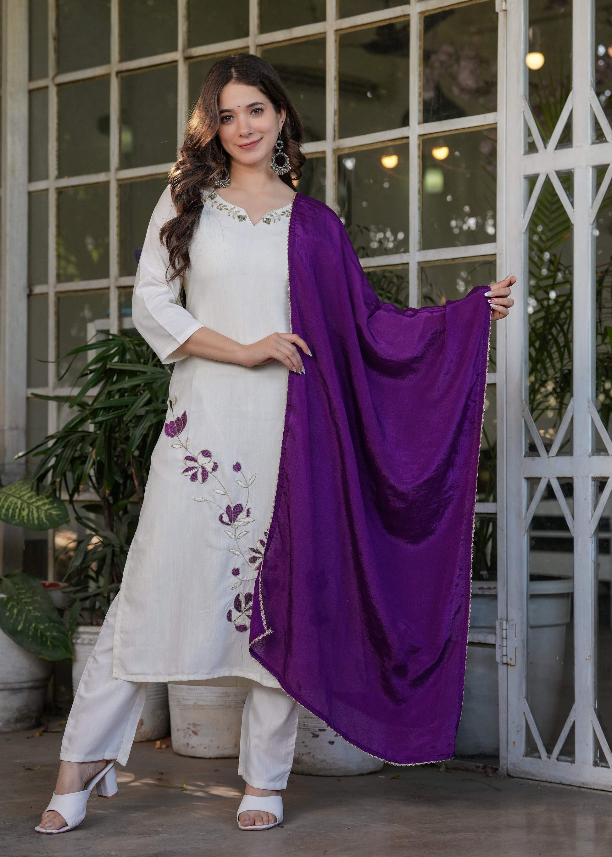 Teeya Creation White Color Viscose Rayon Embroidery Work Fully Stitched Kurti Set