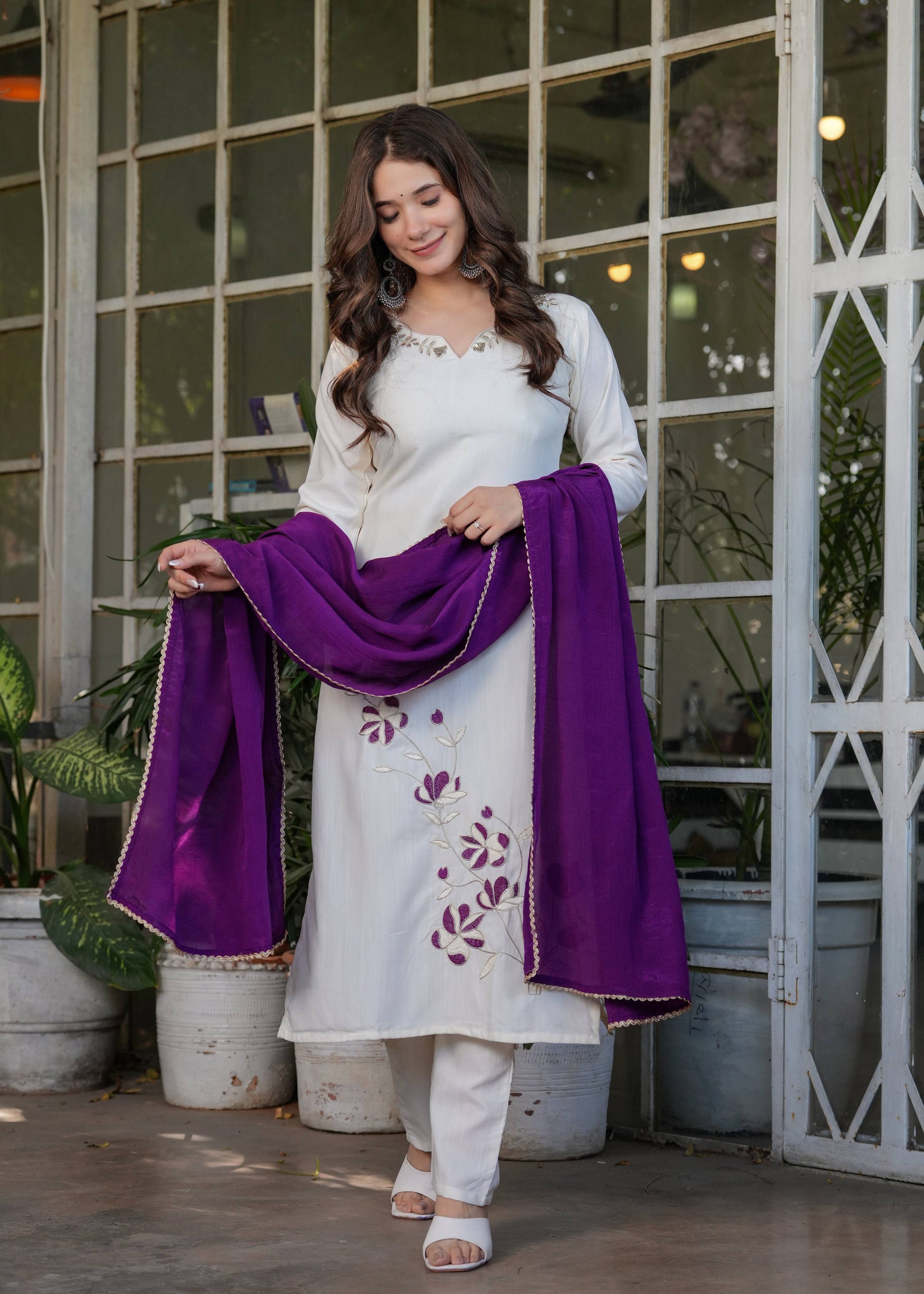 Teeya Creation White Color Viscose Rayon Embroidery Work Fully Stitched Kurti Set
