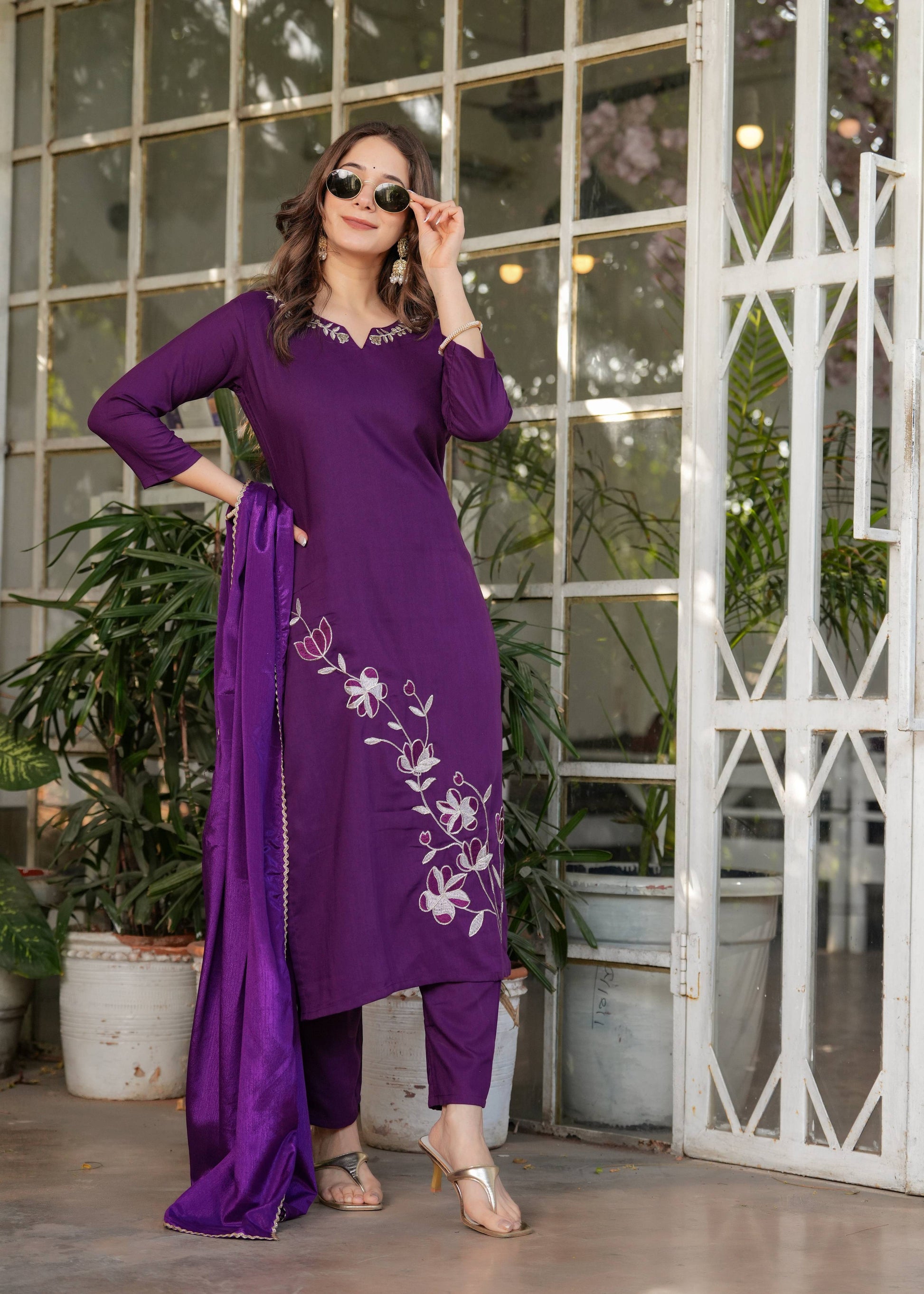 Teeya Creation Wine Color Viscose Rayon Embroidery Work Fully Stitched Kurti Set