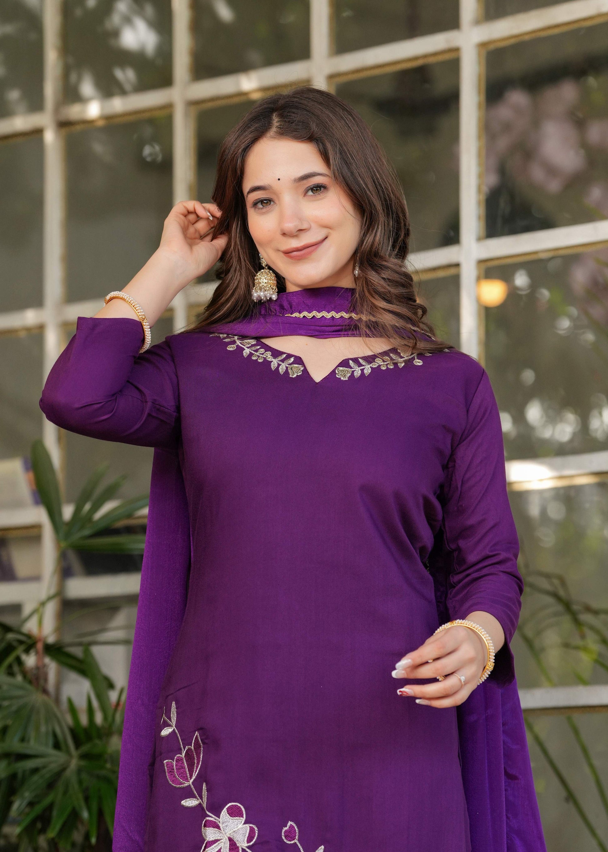 Teeya Creation Wine Color Viscose Rayon Embroidery Work Fully Stitched Kurti Set
