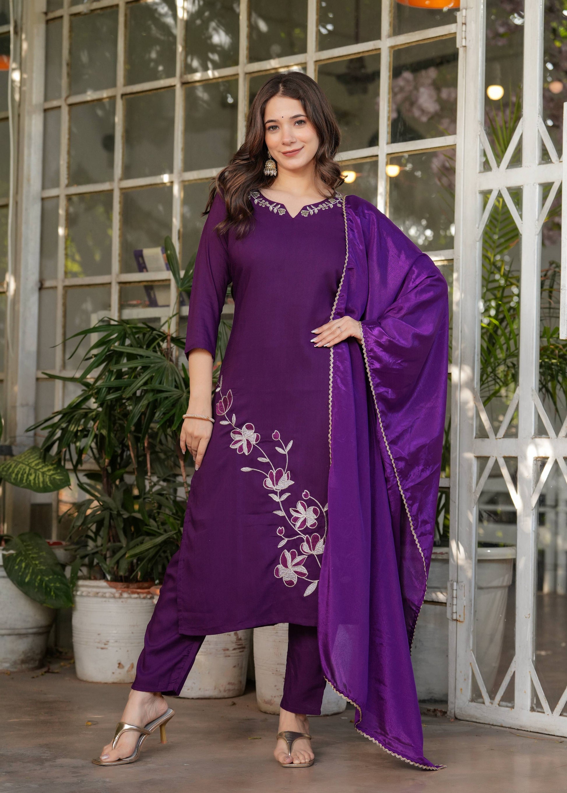 Teeya Creation Wine Color Viscose Rayon Embroidery Work Fully Stitched Kurti Set