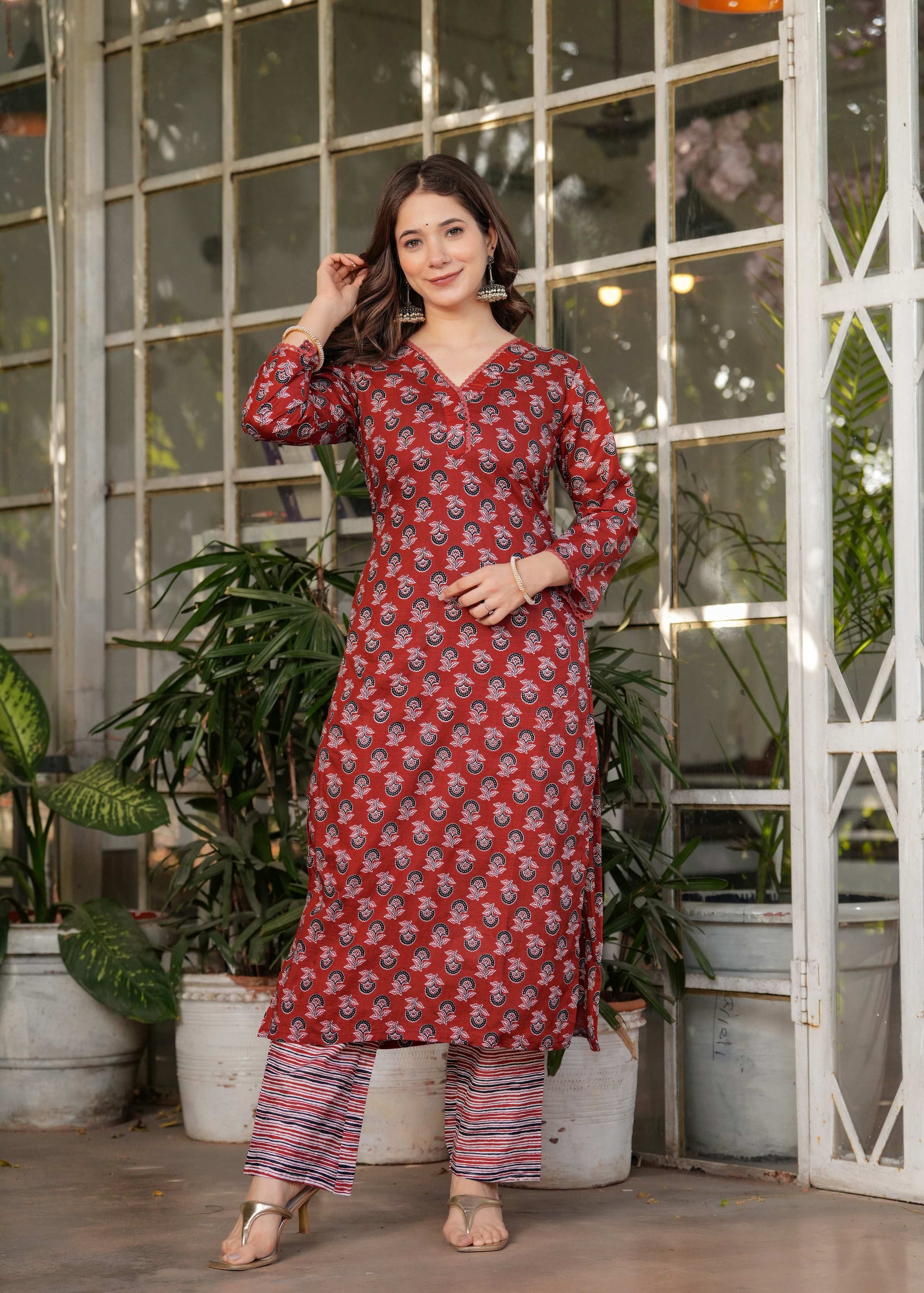 Teeya Creation Red Color Pure Cotton Digital Print Fully Stitched Kurti Set