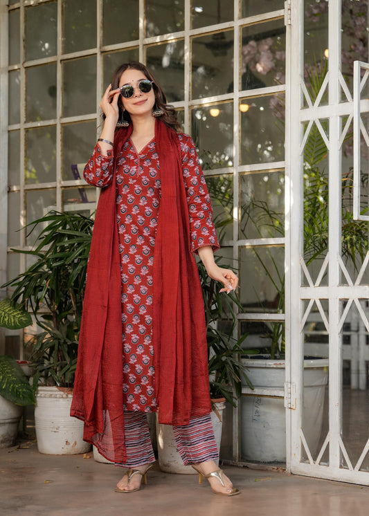 The52 Women's Printed Pure Cotton Fabric Straight Kurta, Pant and Dupatta Set | Grab2Buy