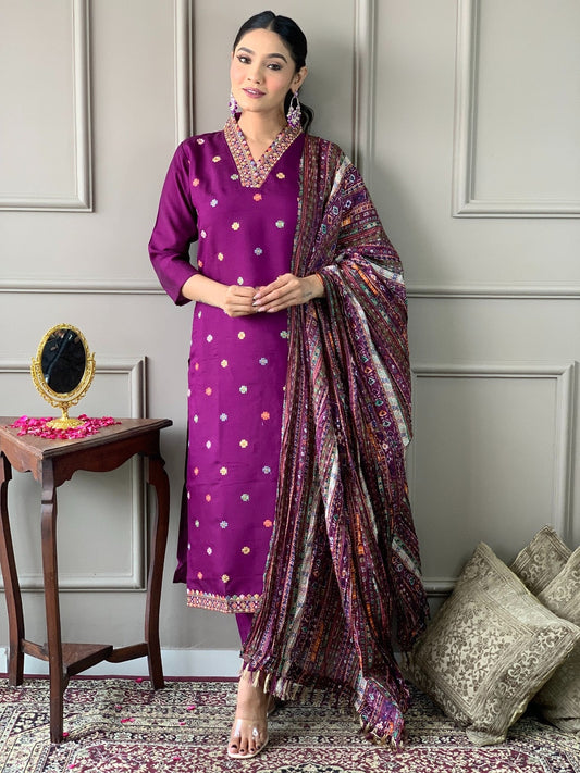 Teeya Creation Dark Wine Color Viscose Chanderi Embroidery Work Fully Stitched Kurti Set