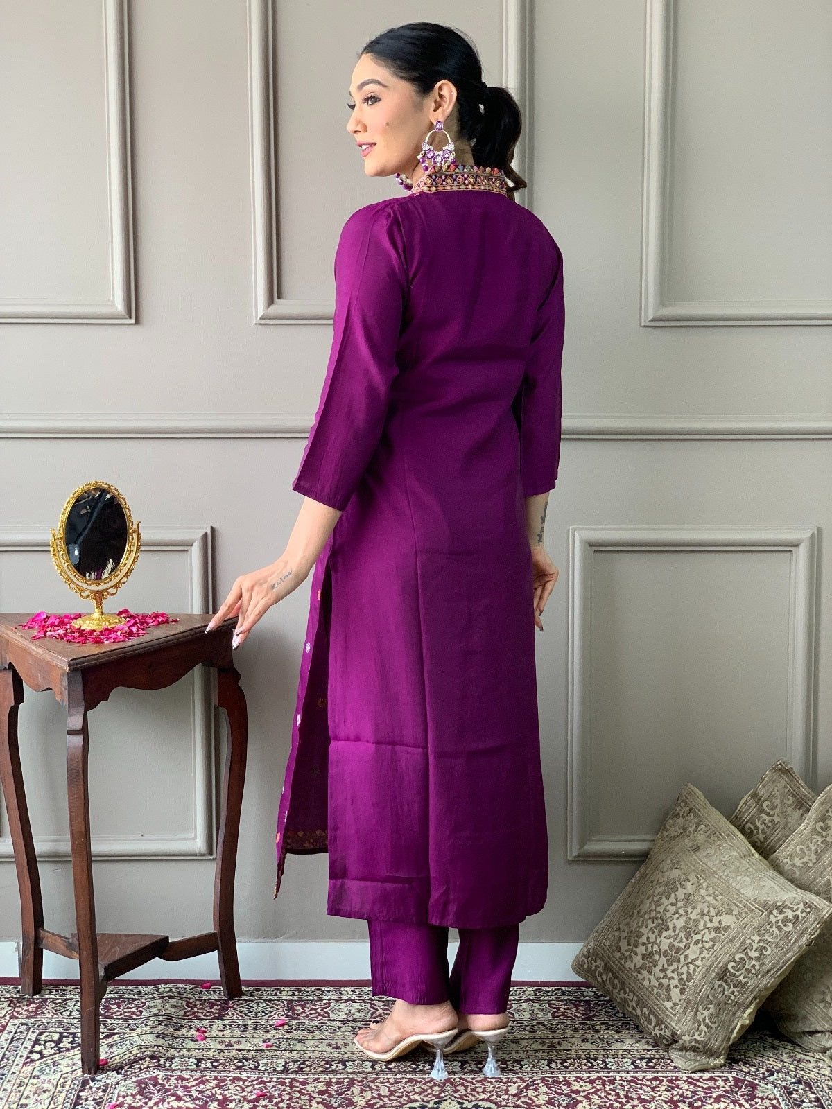 Teeya Creation Purple Color Viscose Chanderi Embroidery Work Fully Stitched Kurti Set