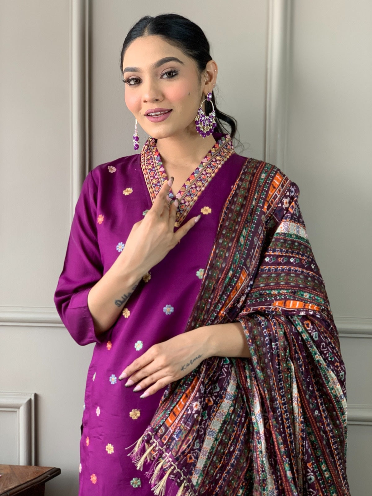 Teeya Creation Purple Color Viscose Chanderi Embroidery Work Fully Stitched Kurti Set