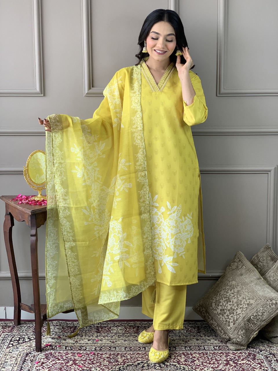Teeya Creation Olive Color Muslin Silk With Digital Print And Embroidery Work Fully Stitched Kurti Set