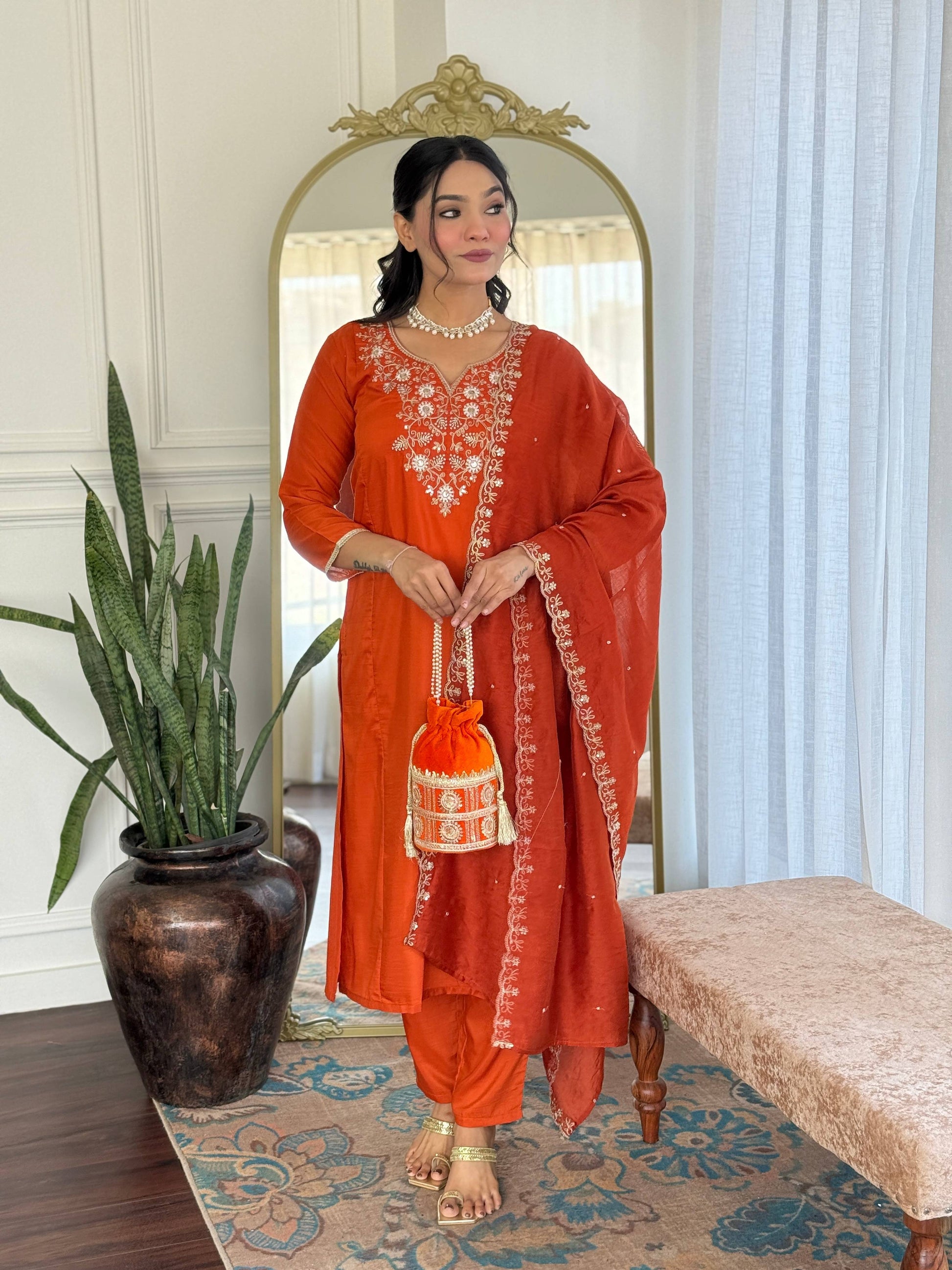 The52 Women's Beautiful Viscose Chinon Embroidered Straight Kurta with Pant And Dupatta Set | Grab2Buy
