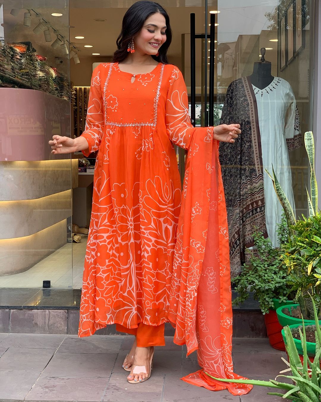 Teeya Creation Orange Color Faux Georgette With Digital Print And Embroidery Work Fully Stitched Kurti Set