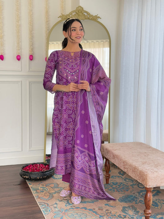 Teeya Creation Purple Color French Crepe With Digital Print And Embroidery Work Fully Stitched Kurti Set