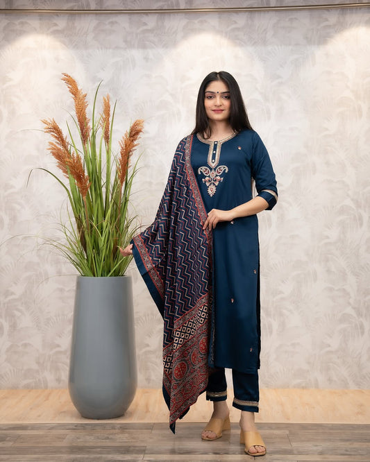 The52 Women's Gorgeous Chanderi Silk Embroidery Straight Kurta with Pant and Dupatta Set | Grab2Buy