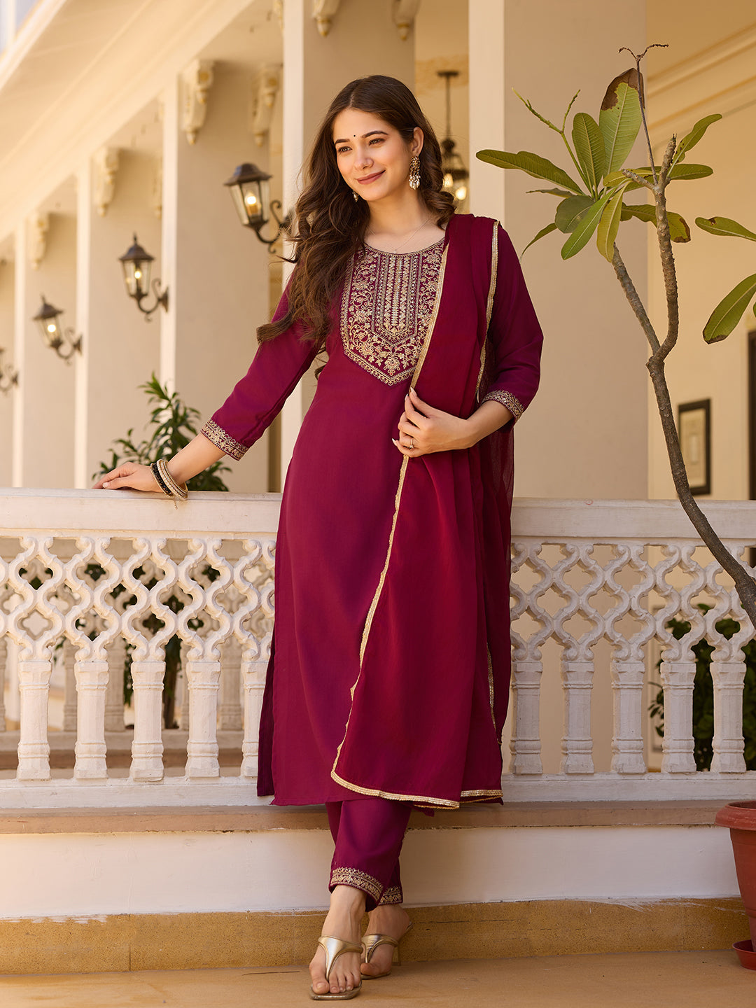 Teeya Creation Maroon Color Rayon Embroidery Work Fully Stitched Kurti Set