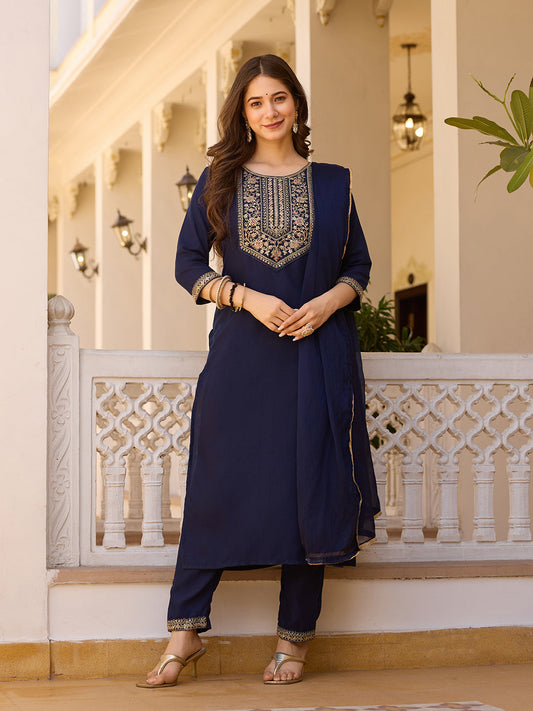 Teeya Creation Navy Blue Color Rayon Embroidery Work Fully Stitched Kurti Set