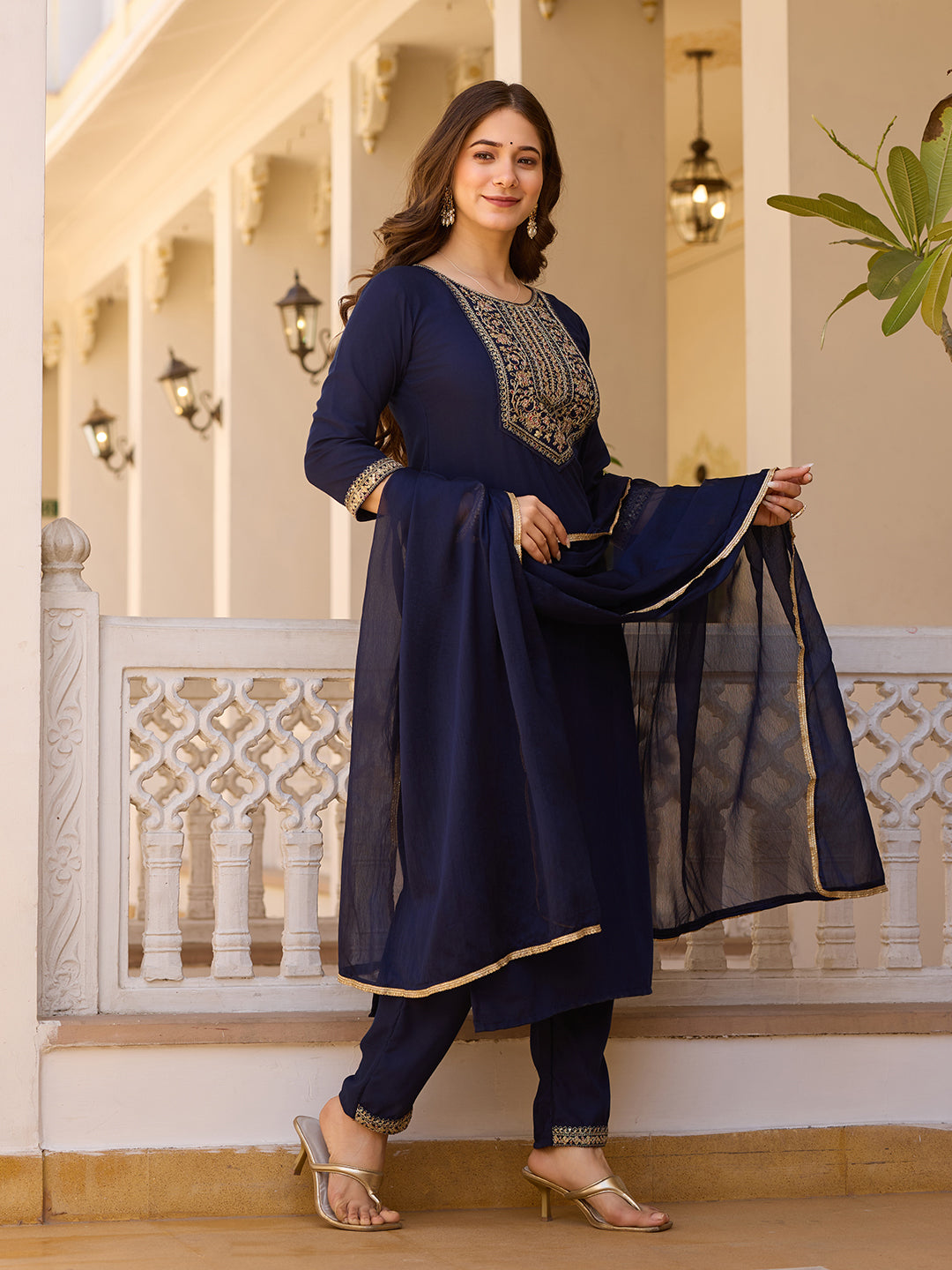 Teeya Creation Navy Blue Color Rayon Embroidery Work Fully Stitched Kurti Set