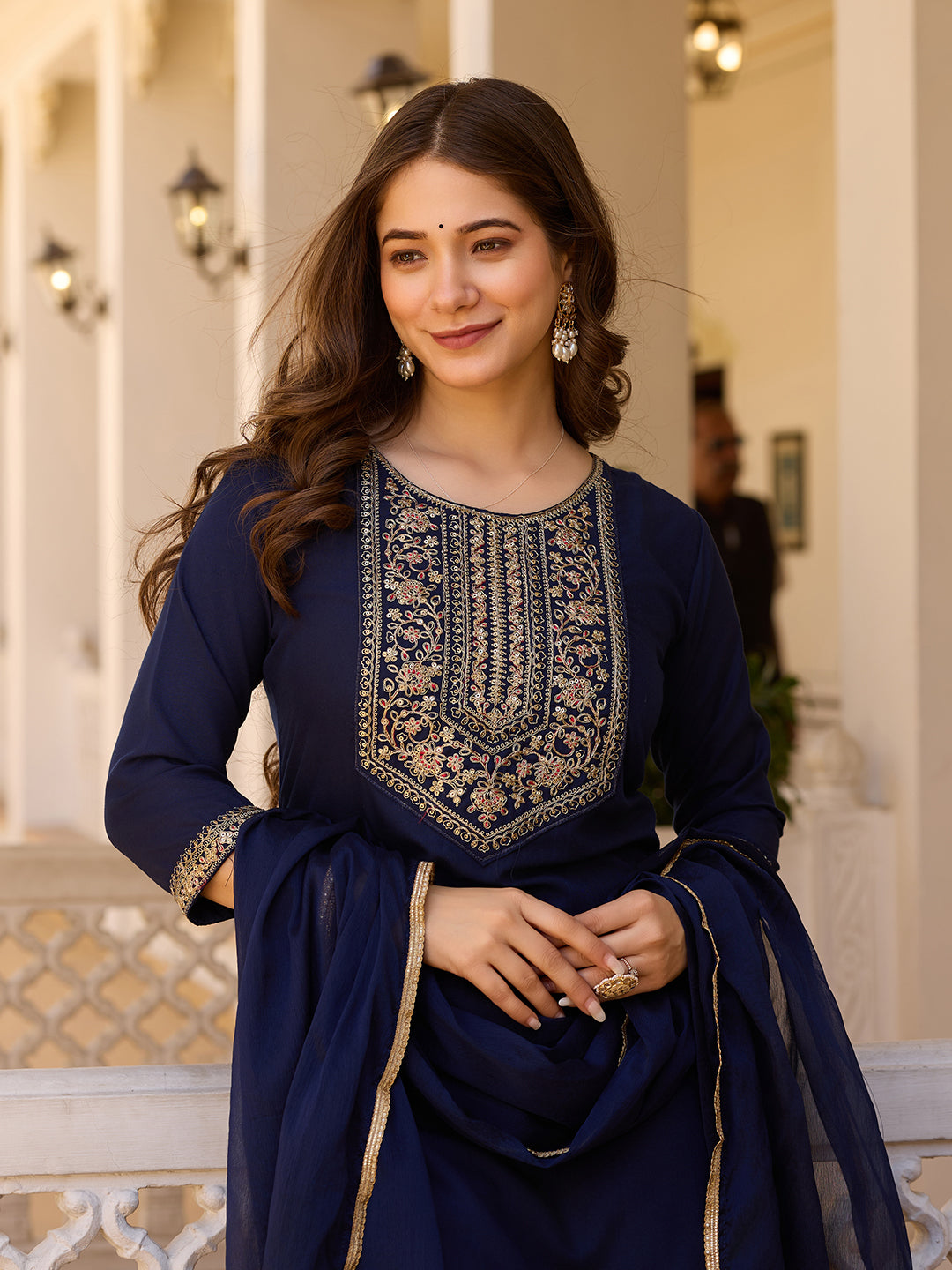 Teeya Creation Navy Blue Color Rayon Embroidery Work Fully Stitched Kurti Set