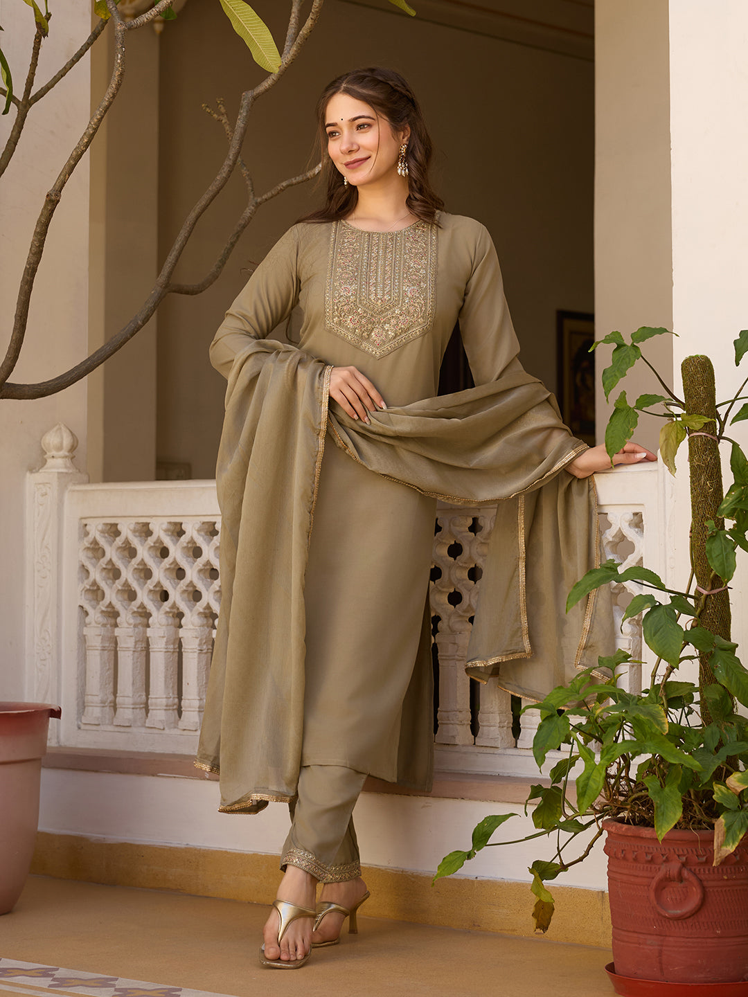 Teeya Creation Deep Stone Color Rayon Embroidery Work Fully Stitched Kurti Set
