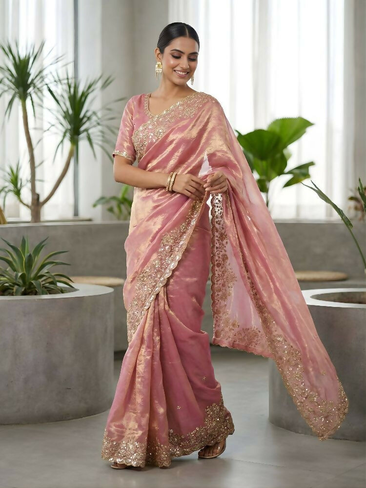 Joban Fashion Pink Fandy Satin Silk Party Wear Sarees