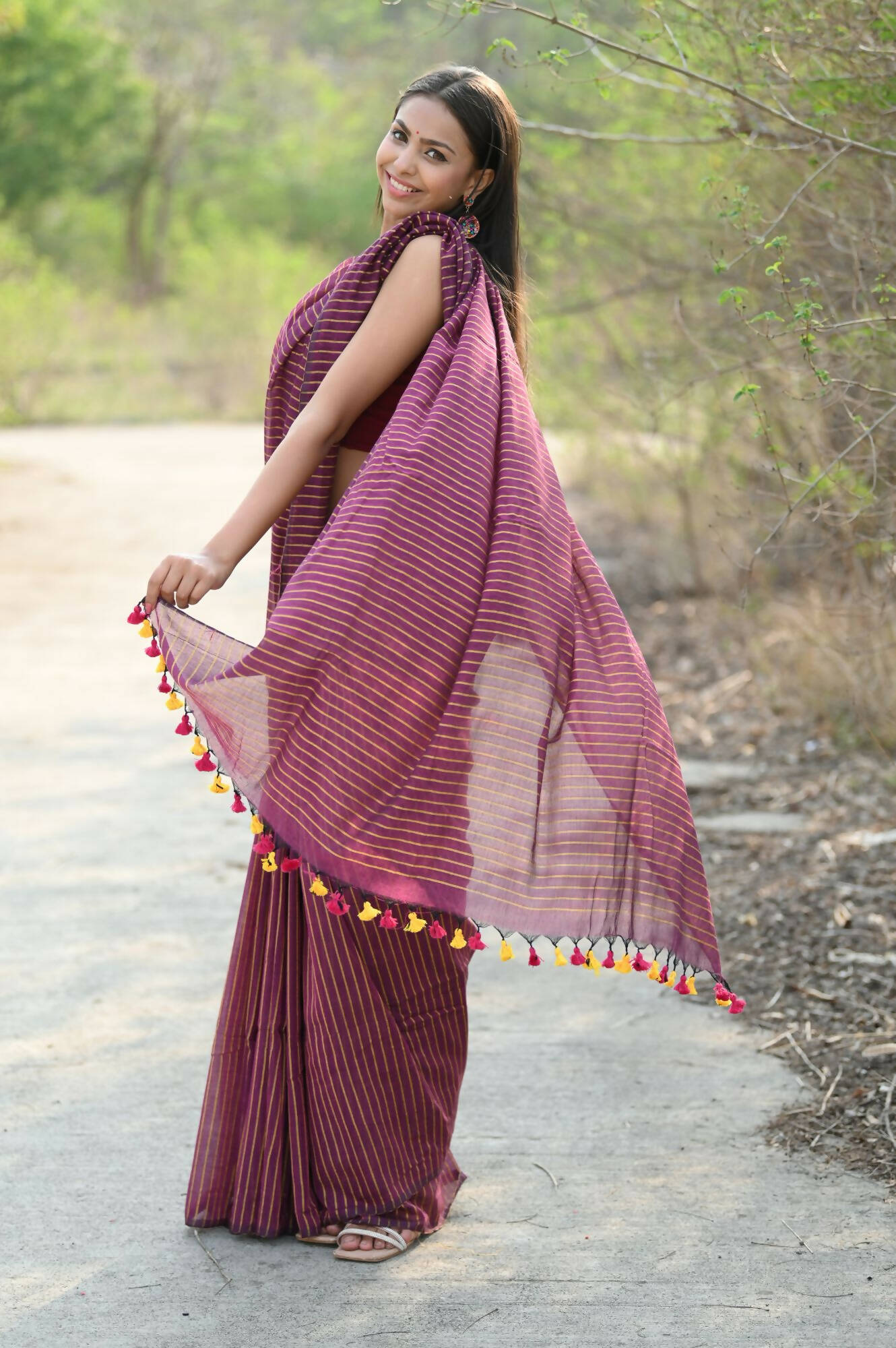 Very Much Indian Designer Pure Cotton Saree With All Over Linear Stripes - Maroon - Grab2buy