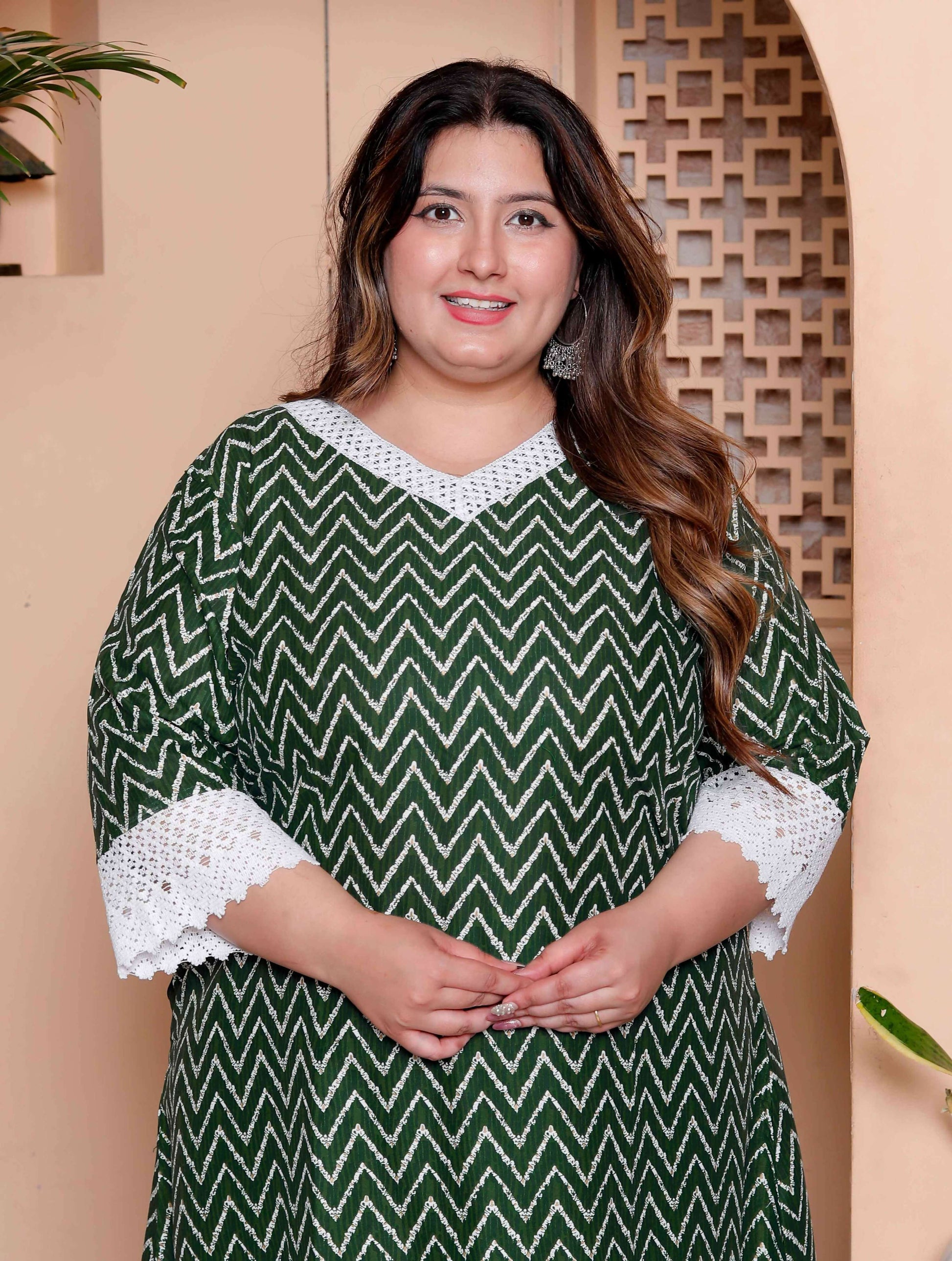 Miravan Womens Plus Size Green Rayon Zigzag Print Kurta with Palazzo set