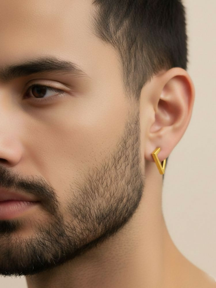 NVR Men's Gold Plated Geomatric Shaped Stud Earrings