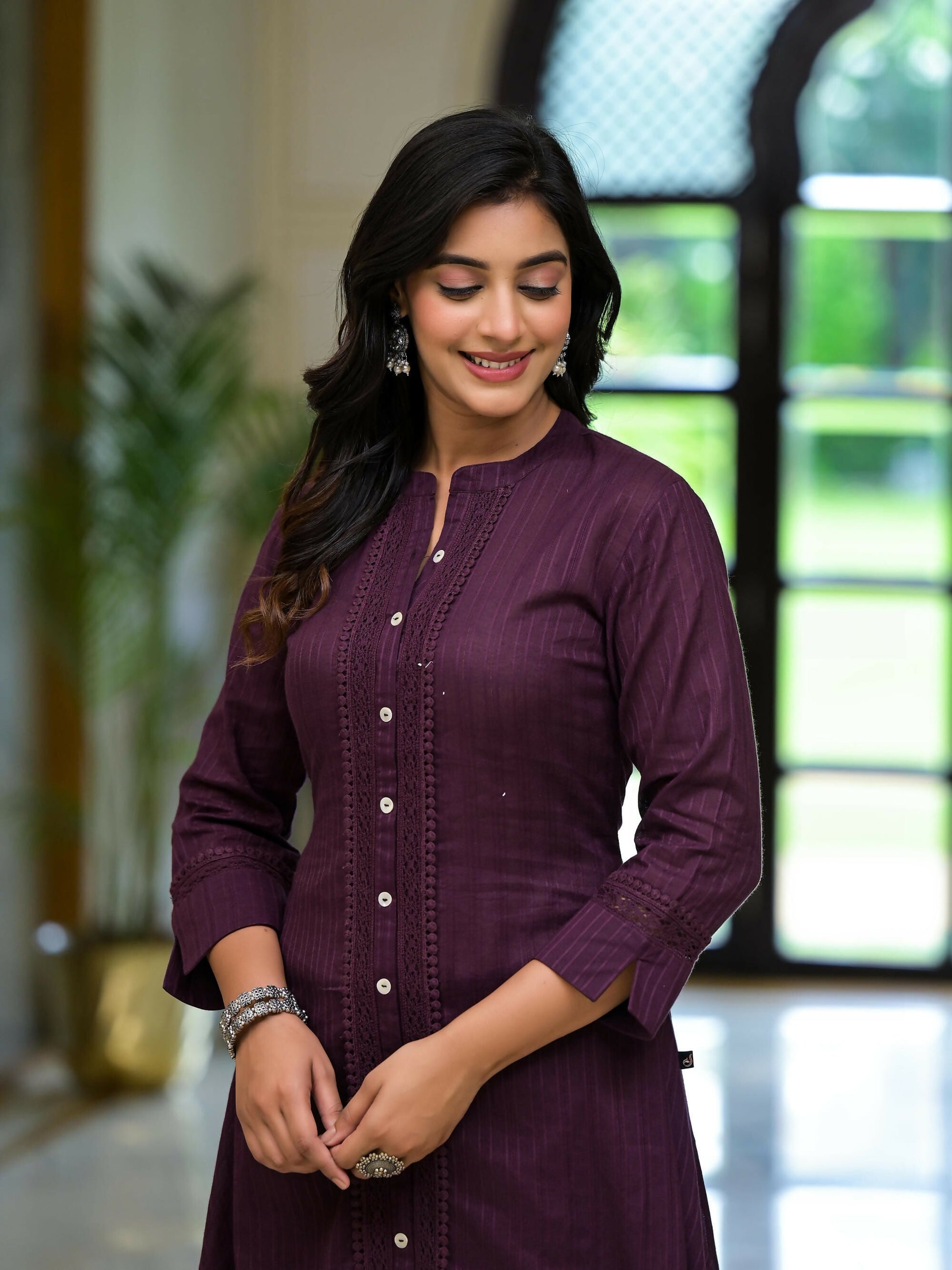 Juniper Women's Plum Thread Embroidered Cotton Asymmetrical Kurta With Button Closure