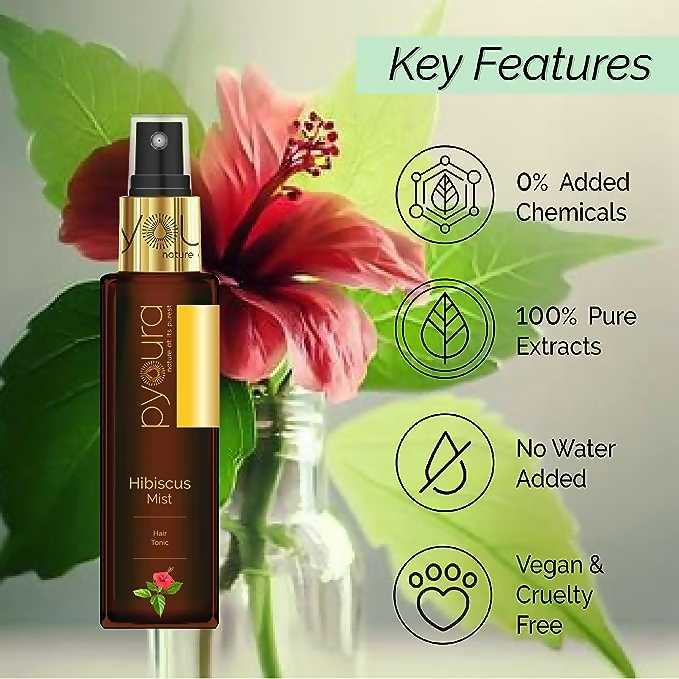 Pyoura Hibiscus Hair Mist Spray For Itchy Dry Scalp & Dandruff Non-Oily Heat Protection Hair Mist Tonic Supports Hair Growth 