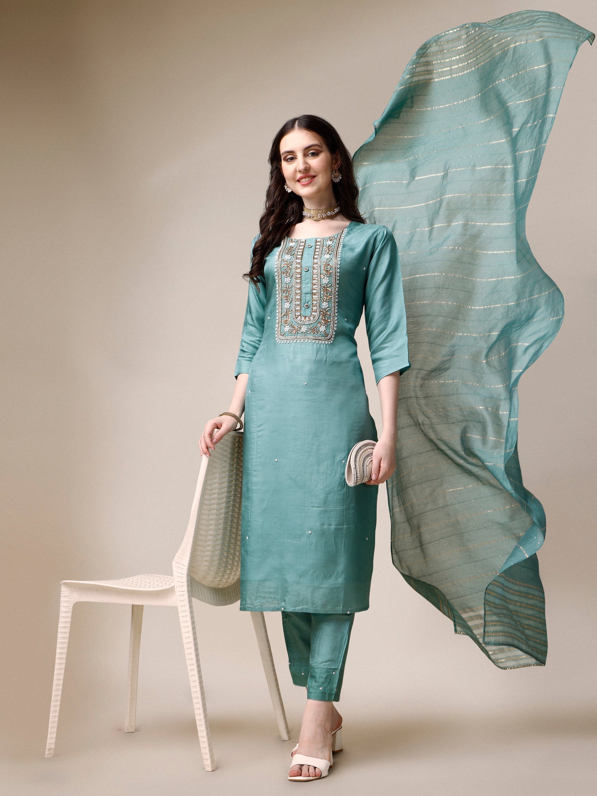 Embroidered Kurta With Pant & Dupatta Set, Multicolor - Hiral Fashion