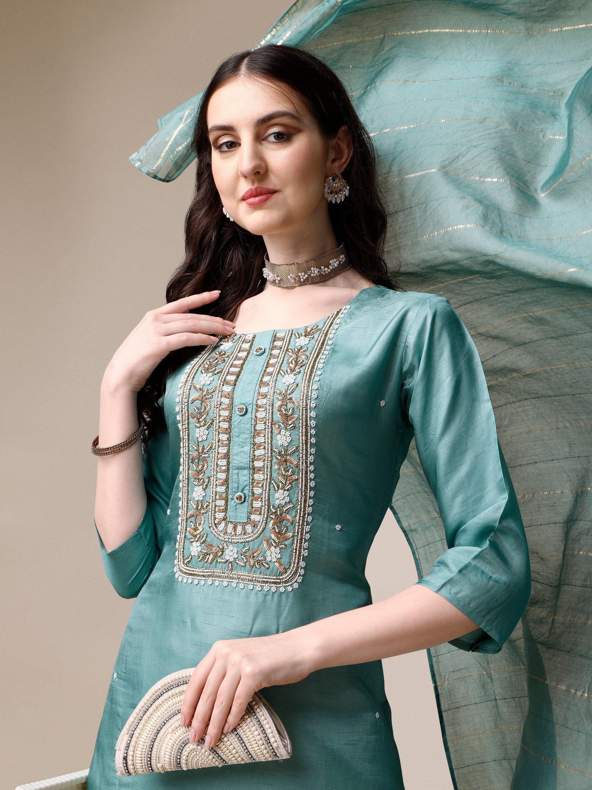 Embroidered Kurta With Pant & Dupatta Set, Multicolor - Hiral Fashion
