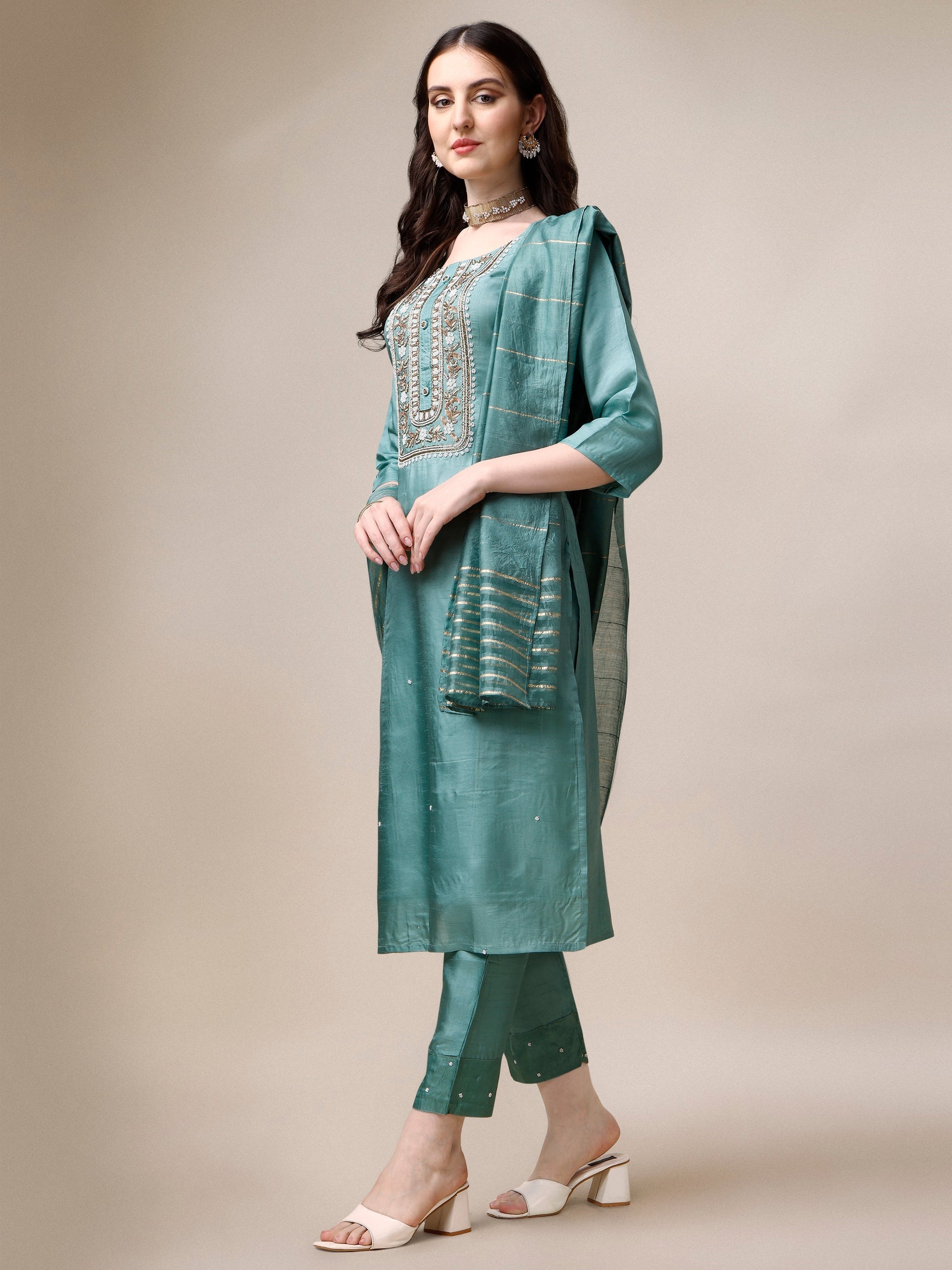 Embroidered Kurta With Pant & Dupatta Set, Multicolor - Hiral Fashion
