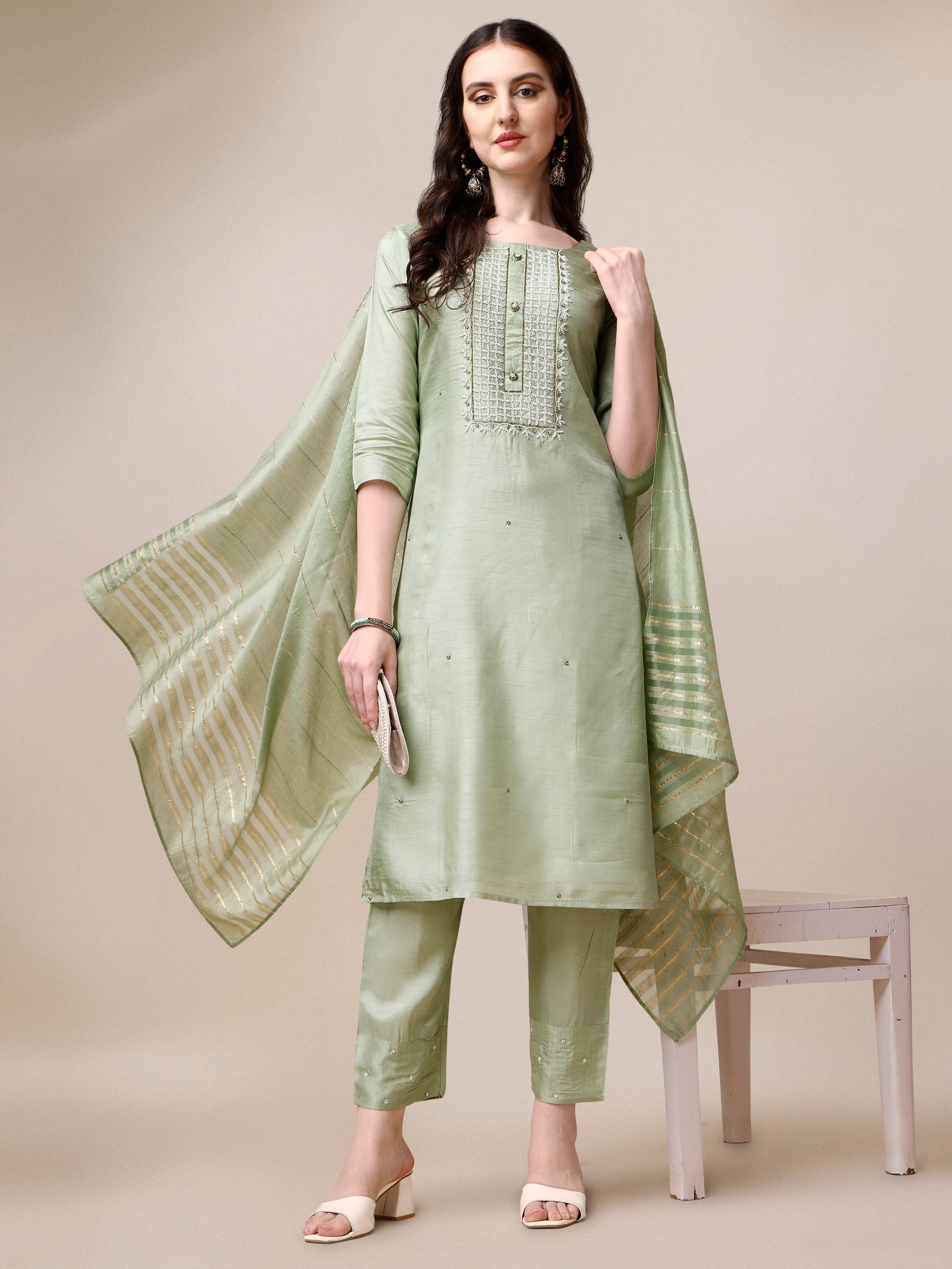 Embroidered Kurta With Pant & Dupatta Set, Multicolor - Hiral Fashion