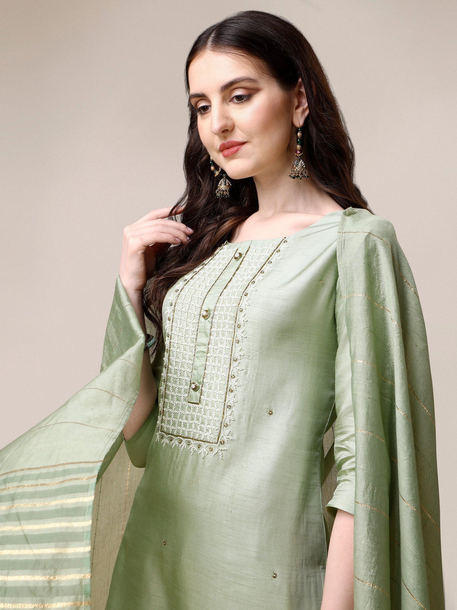 Embroidered Kurta With Pant & Dupatta Set, Multicolor - Hiral Fashion