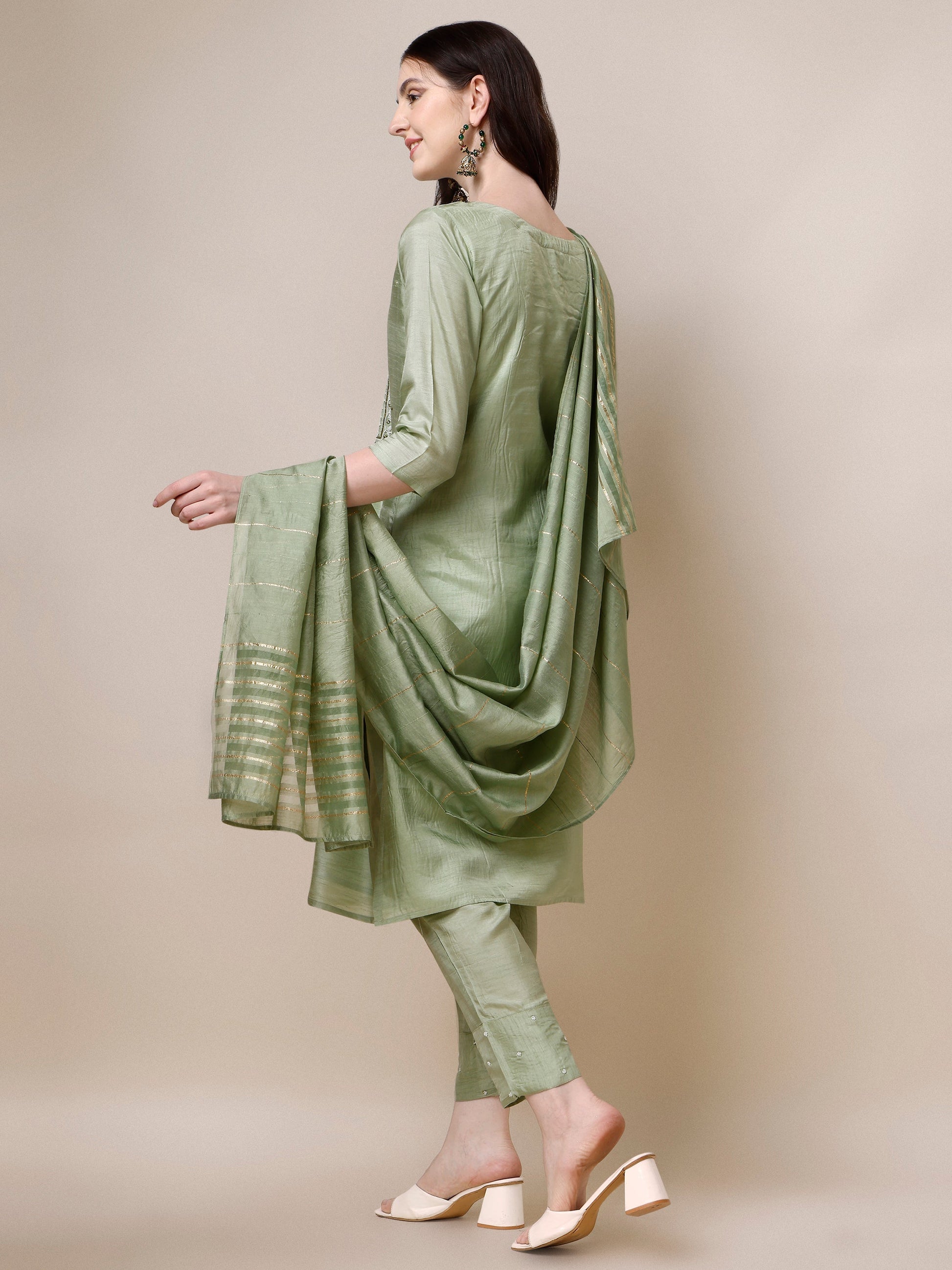 Embroidered Kurta With Pant & Dupatta Set, Multicolor - Hiral Fashion
