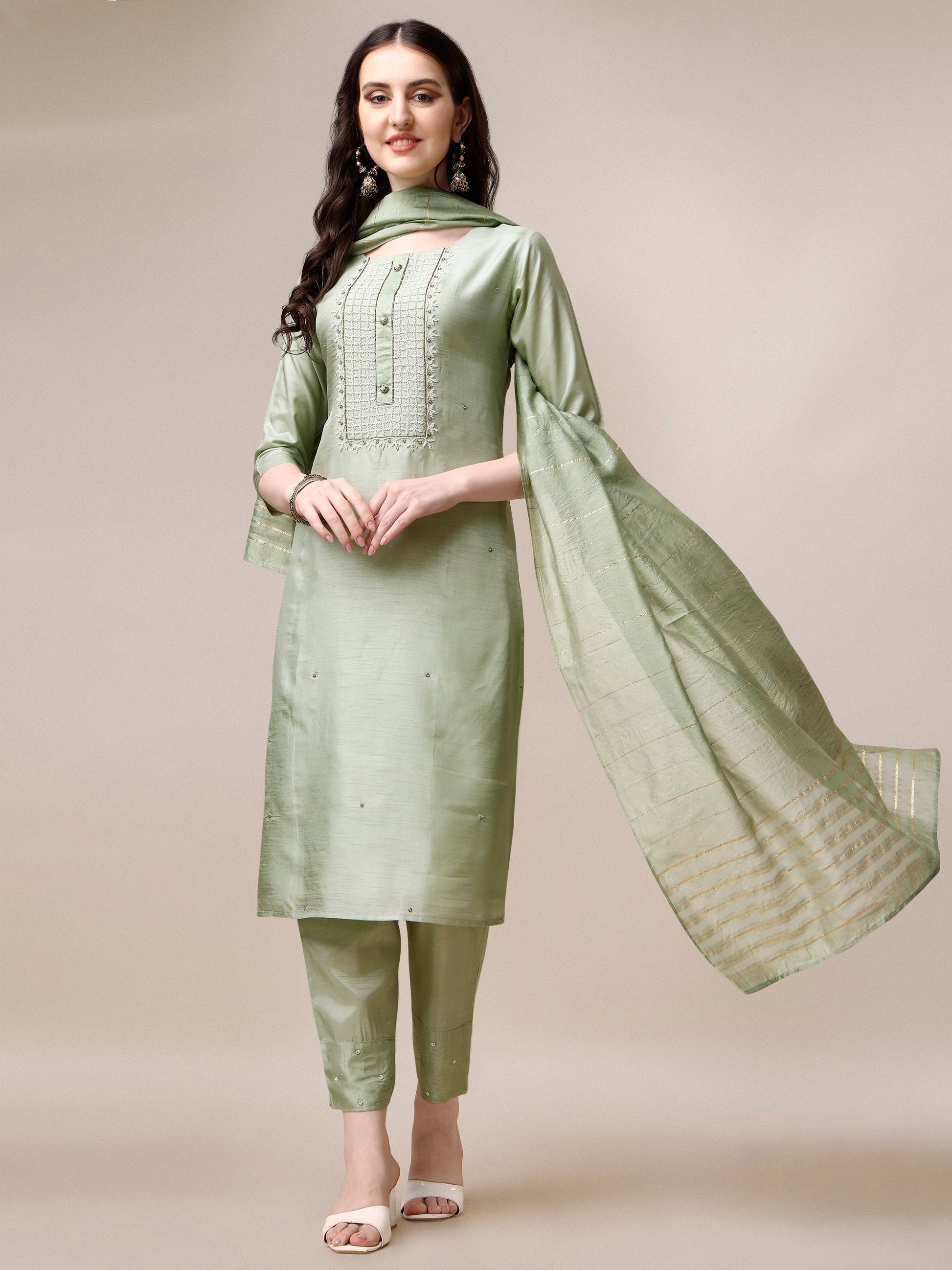 Embroidered Kurta With Pant & Dupatta Set, Multicolor - Hiral Fashion