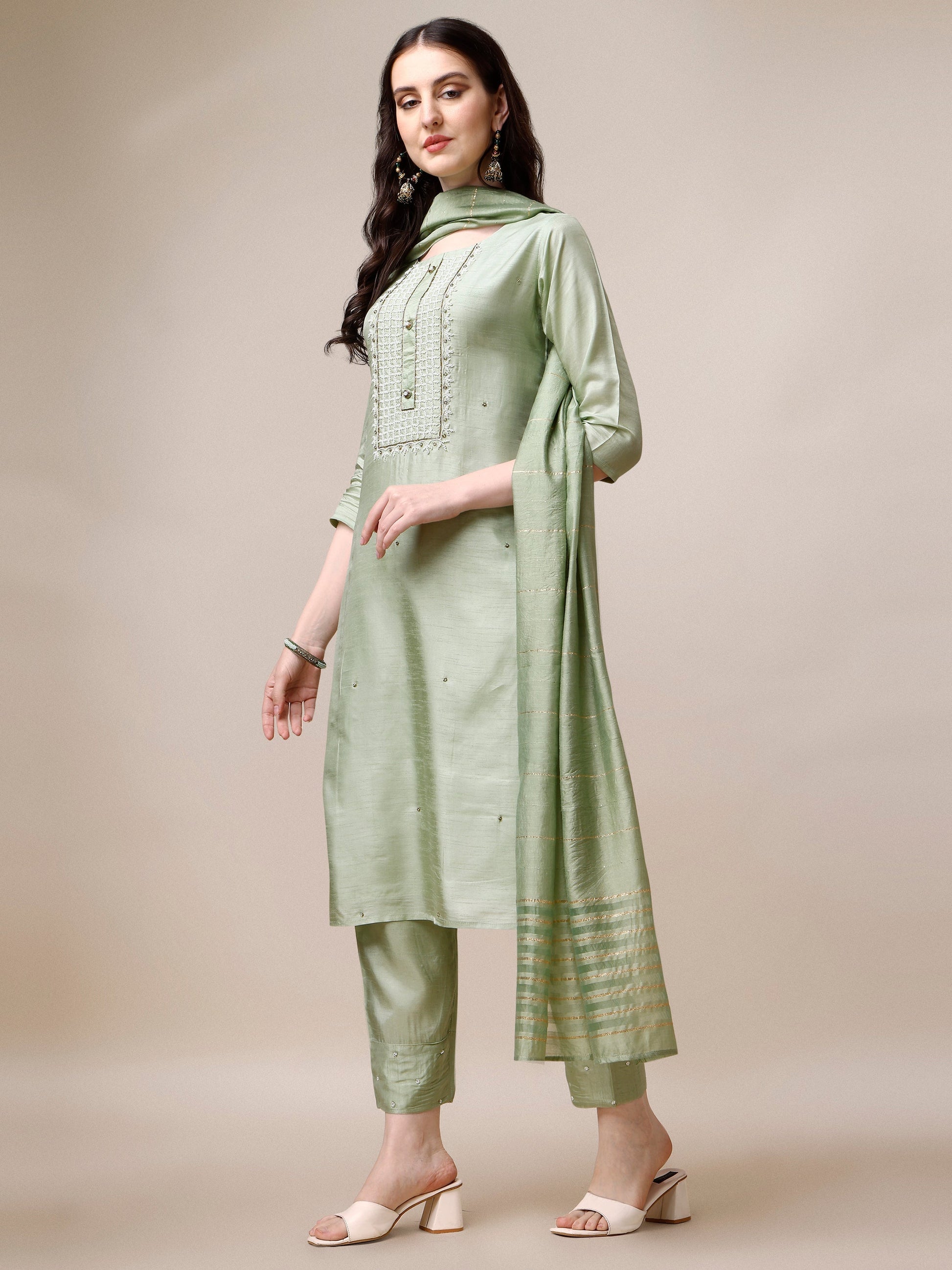 Embroidered Kurta With Pant & Dupatta Set, Multicolor - Hiral Fashion