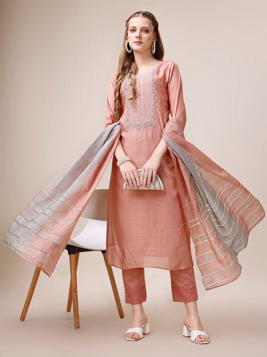 Embroidered Kurta With Pant And Dupatta Set, Multicolor - Hiral Fashion
