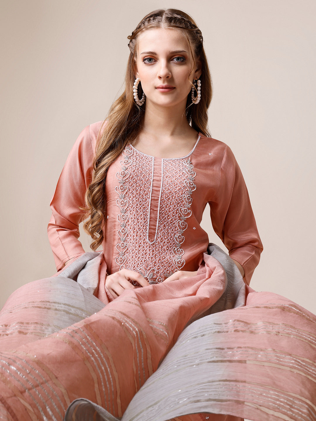 Embroidered Kurta With Pant And Dupatta Set, Multicolor - Hiral Fashion