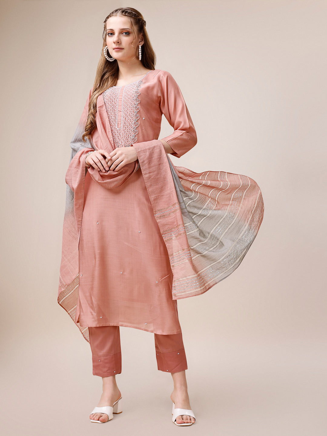 Embroidered Kurta With Pant And Dupatta Set, Multicolor - Hiral Fashion