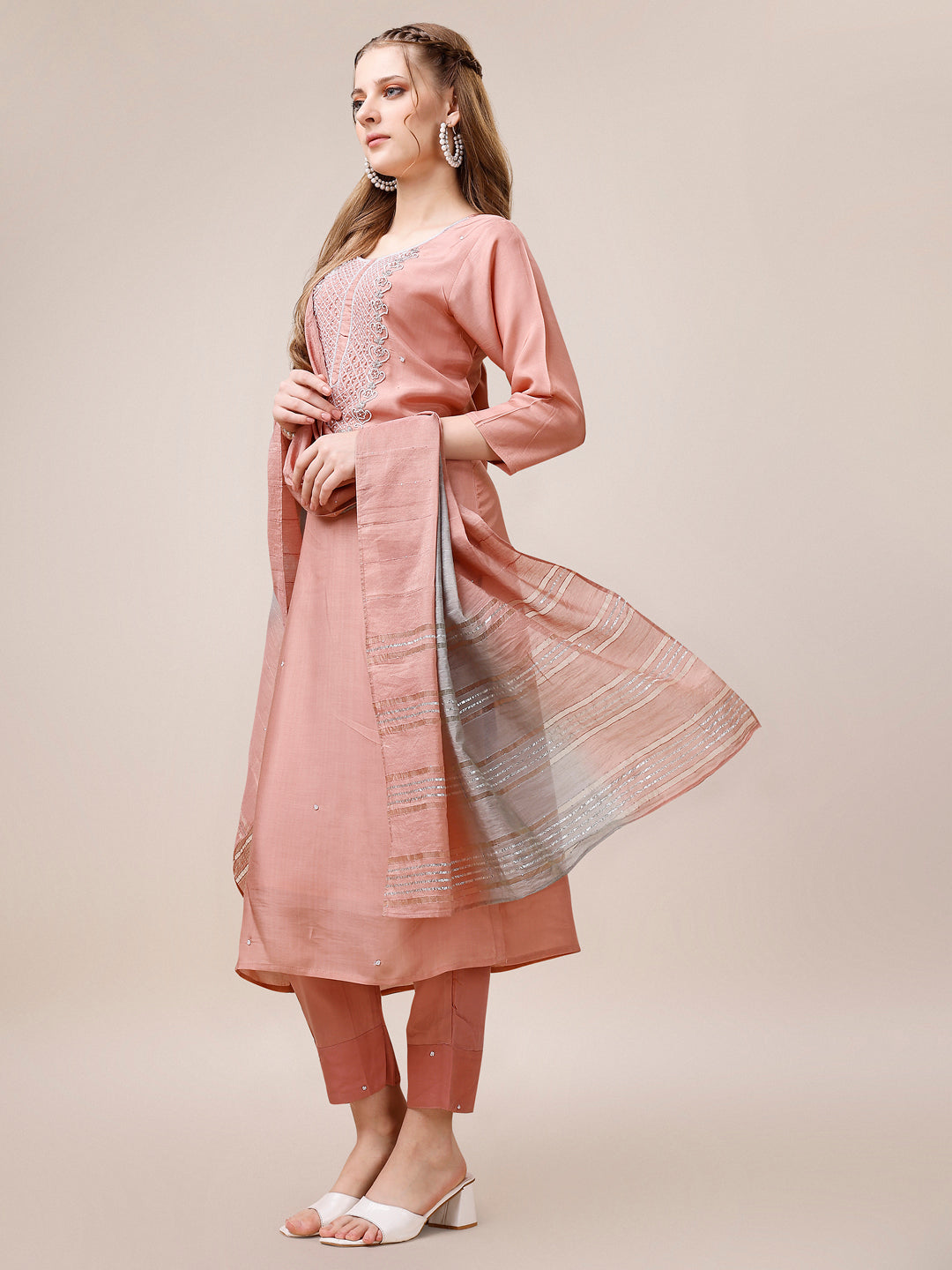 Embroidered Kurta With Pant And Dupatta Set, Multicolor - Hiral Fashion