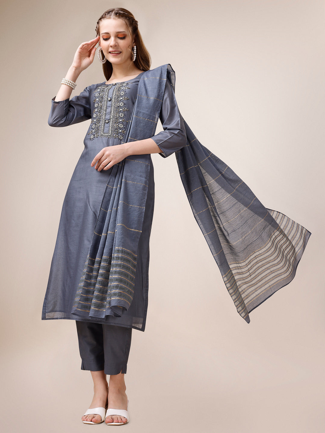 Embroidered Kurta With Pant And Dupatta Set, Multicolor - Hiral Fashion