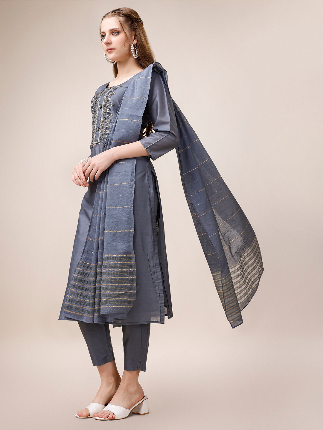 Embroidered Kurta With Pant And Dupatta Set, Multicolor - Hiral Fashion