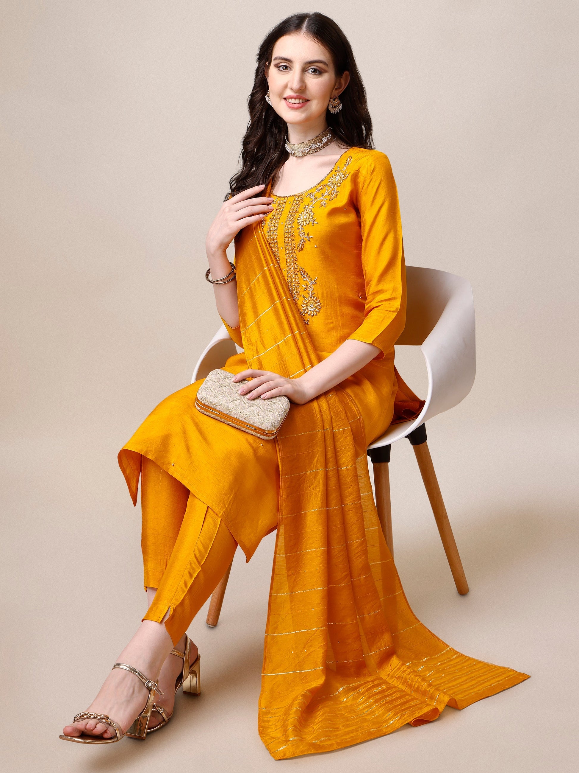Embroidered Kurta With Pant & Dupatta Set, Multicolor - Hiral Fashion