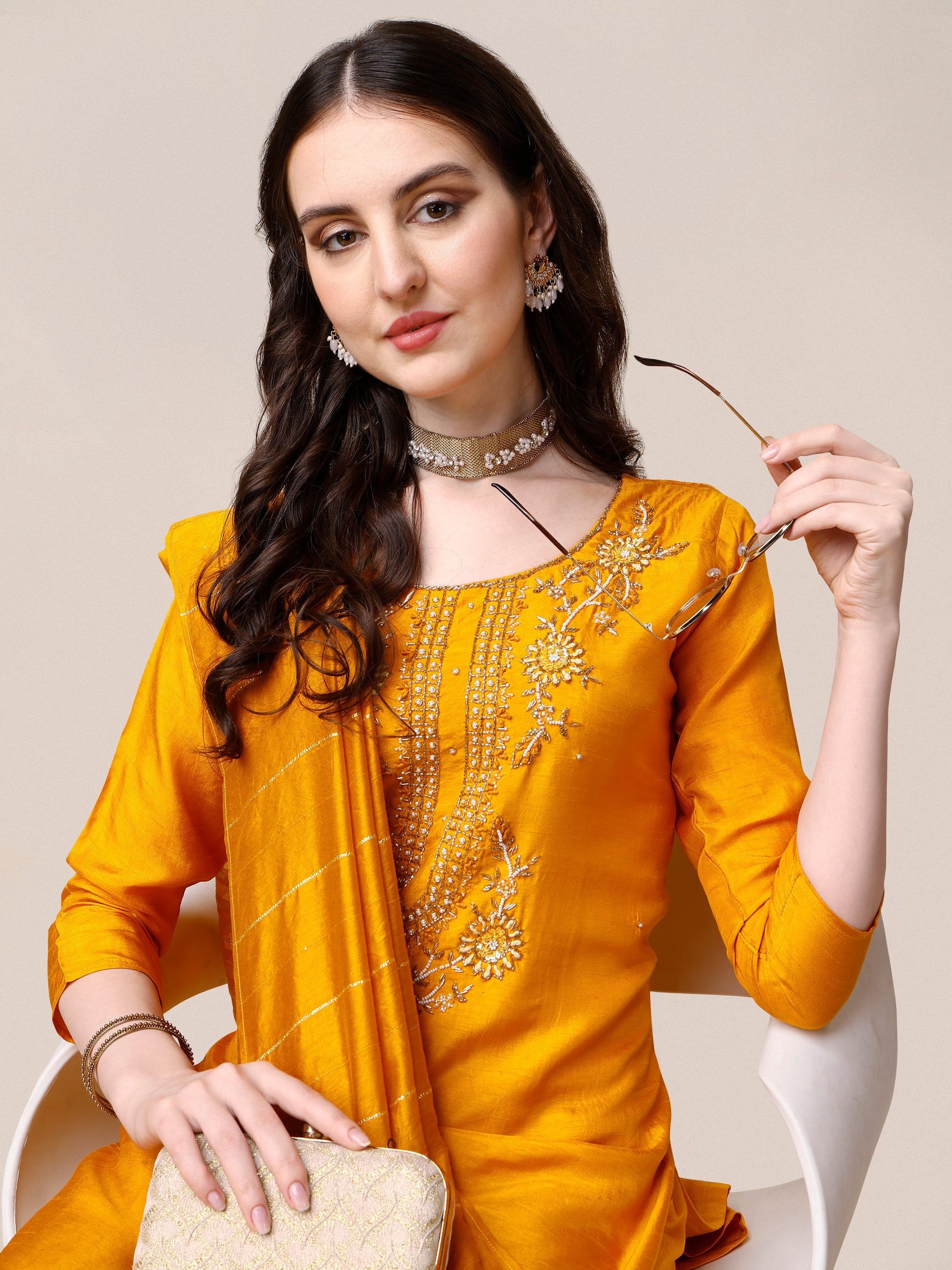 Embroidered Kurta With Pant & Dupatta Set, Multicolor - Hiral Fashion