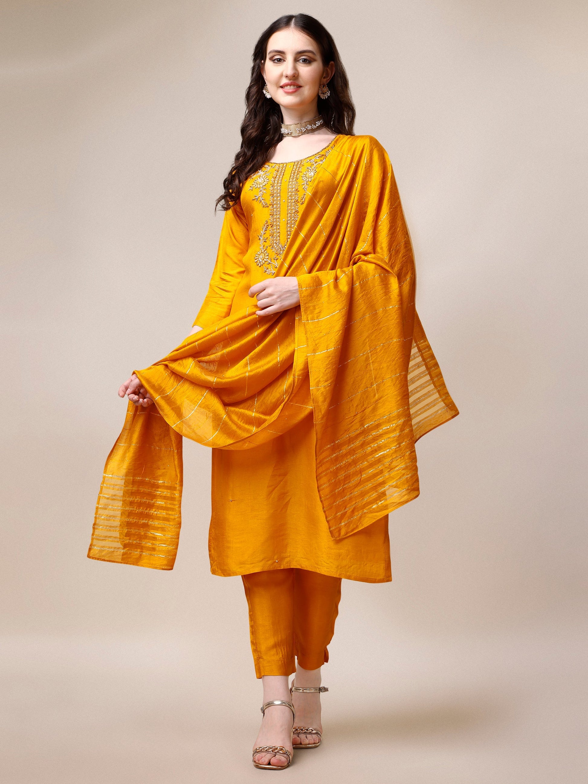 Embroidered Kurta With Pant & Dupatta Set, Multicolor - Hiral Fashion