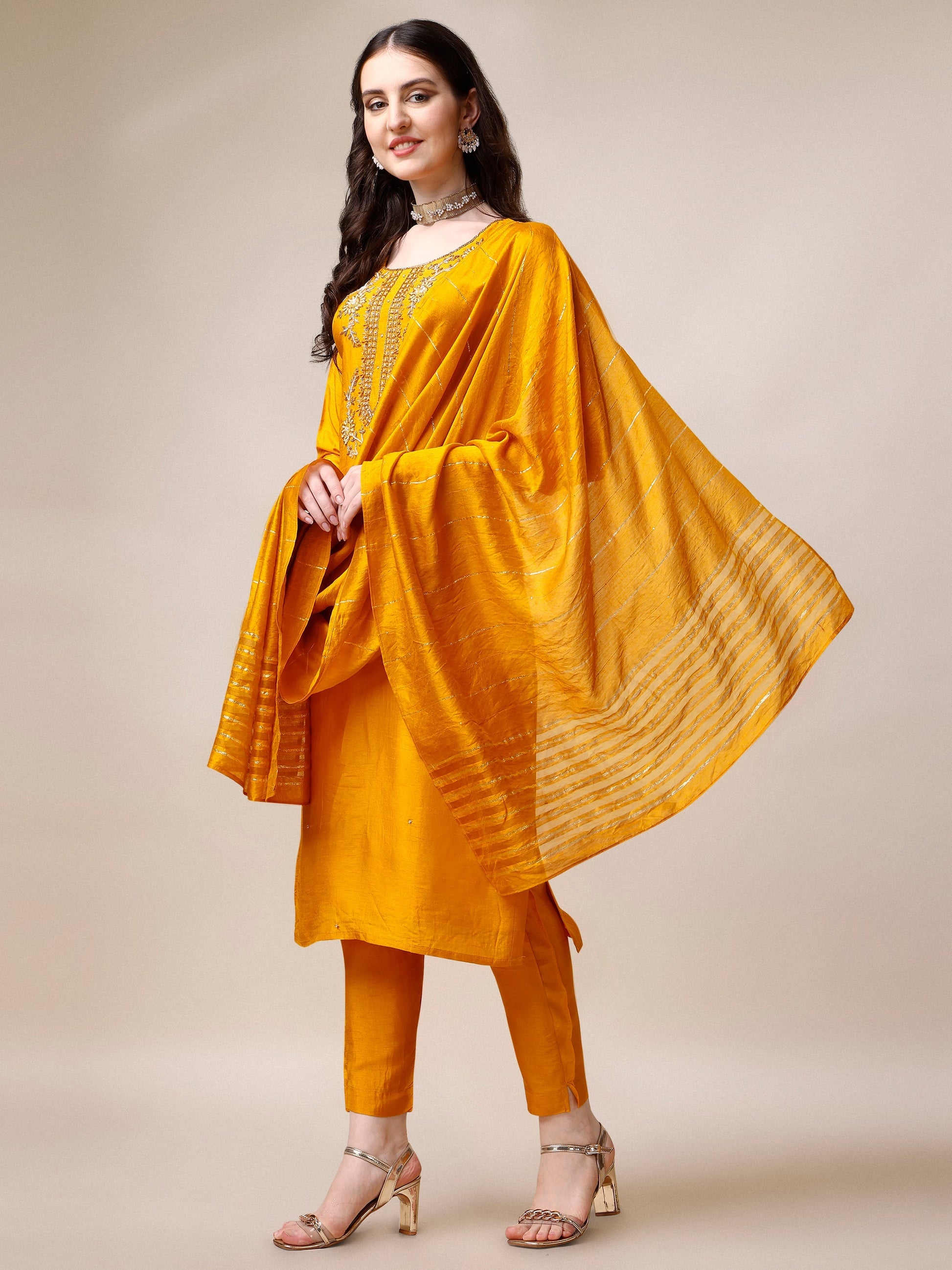 Embroidered Kurta With Pant & Dupatta Set, Multicolor - Hiral Fashion