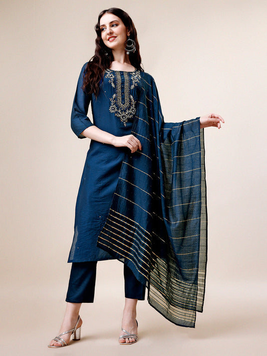 Hand Embroidered Kurta With Pant & Dupatta, Multicolor - Hiral Fashion