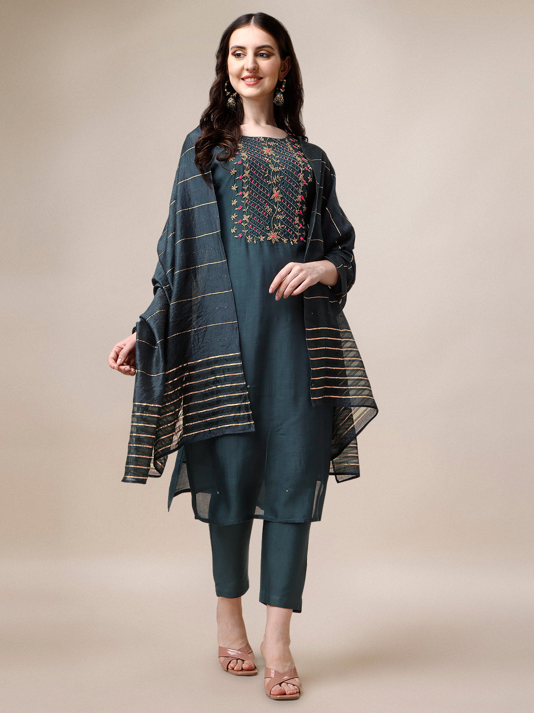 Embroidered Kurta With Pant & Dupatta Set, Multicolor - Hiral Fashion