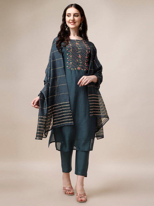 Embroidered Kurta With Pant & Dupatta Set, Multicolor - Hiral Fashion