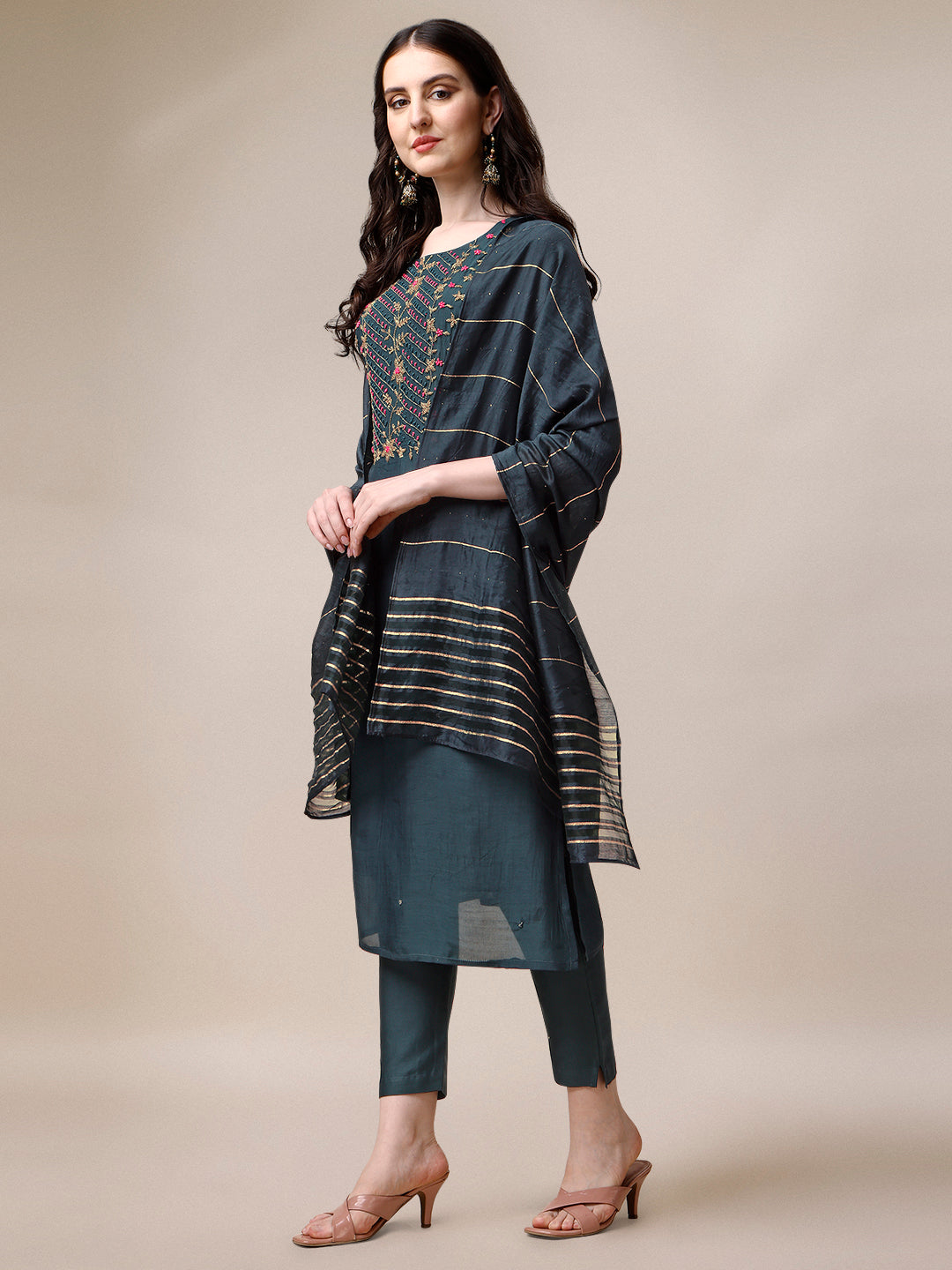 Embroidered Kurta With Pant & Dupatta Set, Multicolor - Hiral Fashion